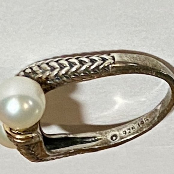 Sterling Silver 14 Double Pearl Bypass Ring SIze 7 - Picture 2 of 3